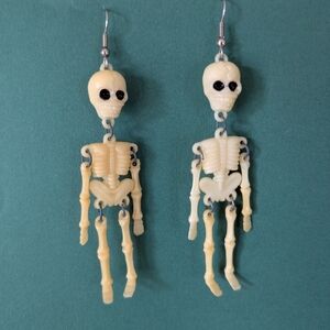 Vintage 90s Articulated Plastic Skeleton Dangle Hook Earrings Halloween